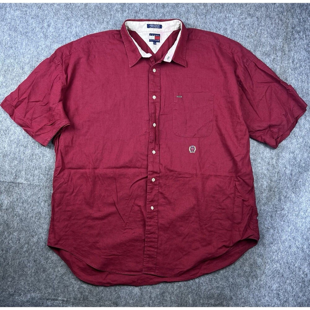 Vtg Tommy Hilfiger Men's Button Down Shirt Short Sleeve Linen Blend 90's Size XL